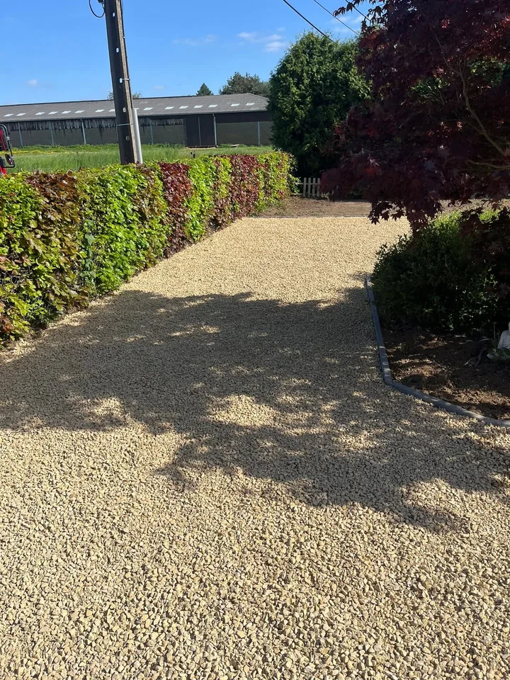 Allée en gravier le long d'une haie